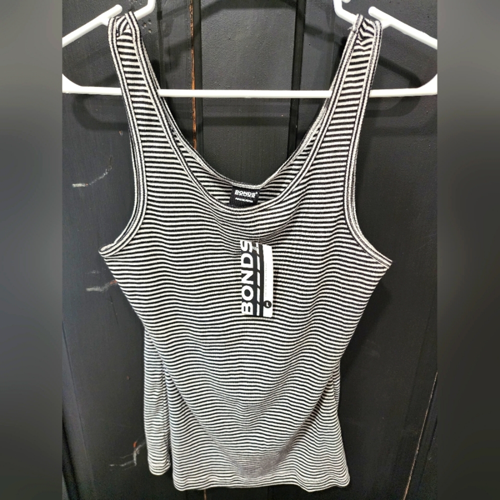Bonds Black and White Striped Women's Tank Top, AUS L